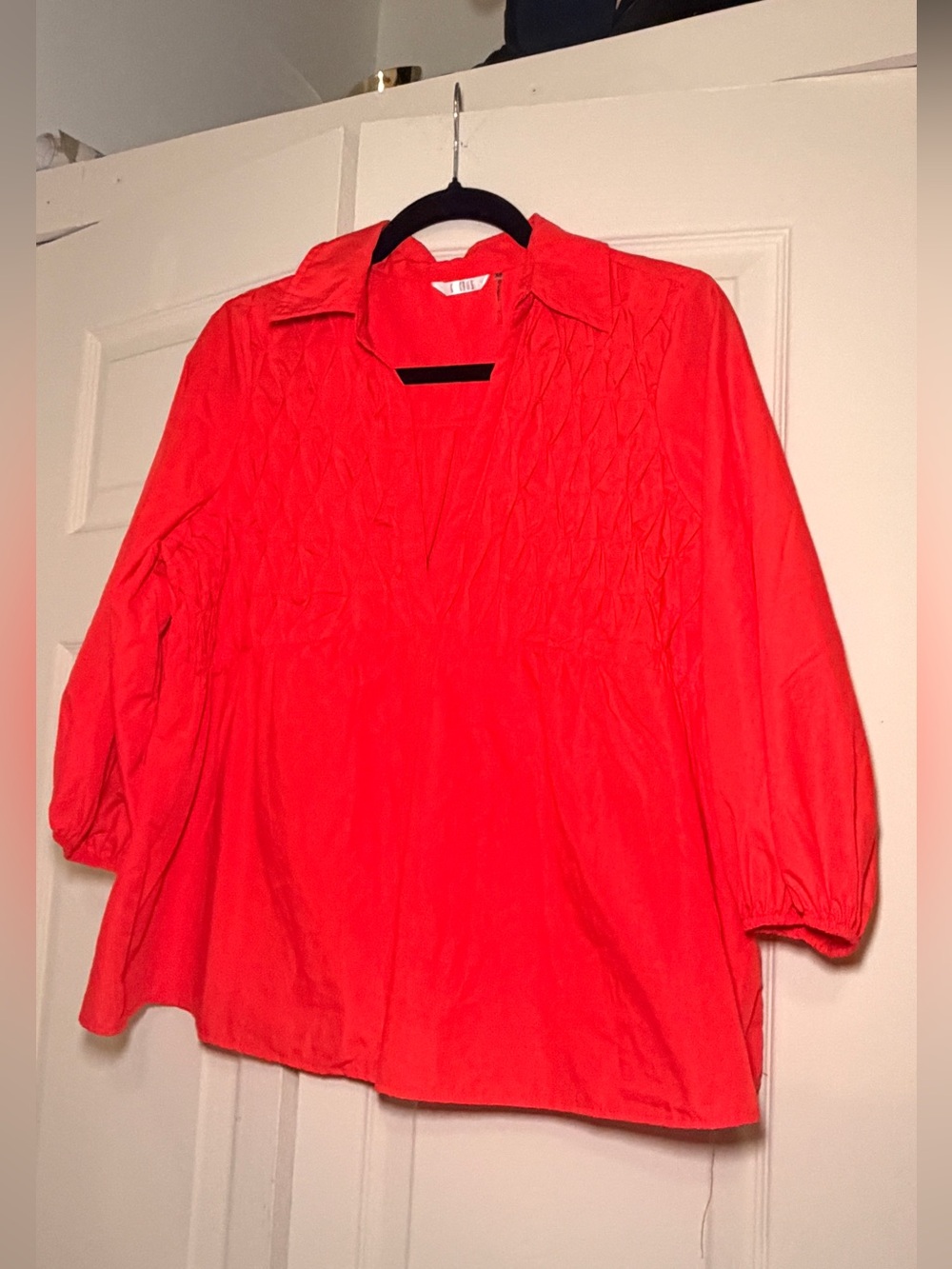 Kaktus Coral-Red Smocked V-Neck Blouse